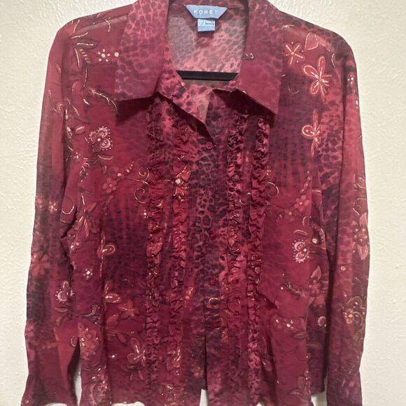 Koret Burgundy Floral Animal Print Ruffle‎ Sheer Blouse Top Size 12 - Picture 6 of 7